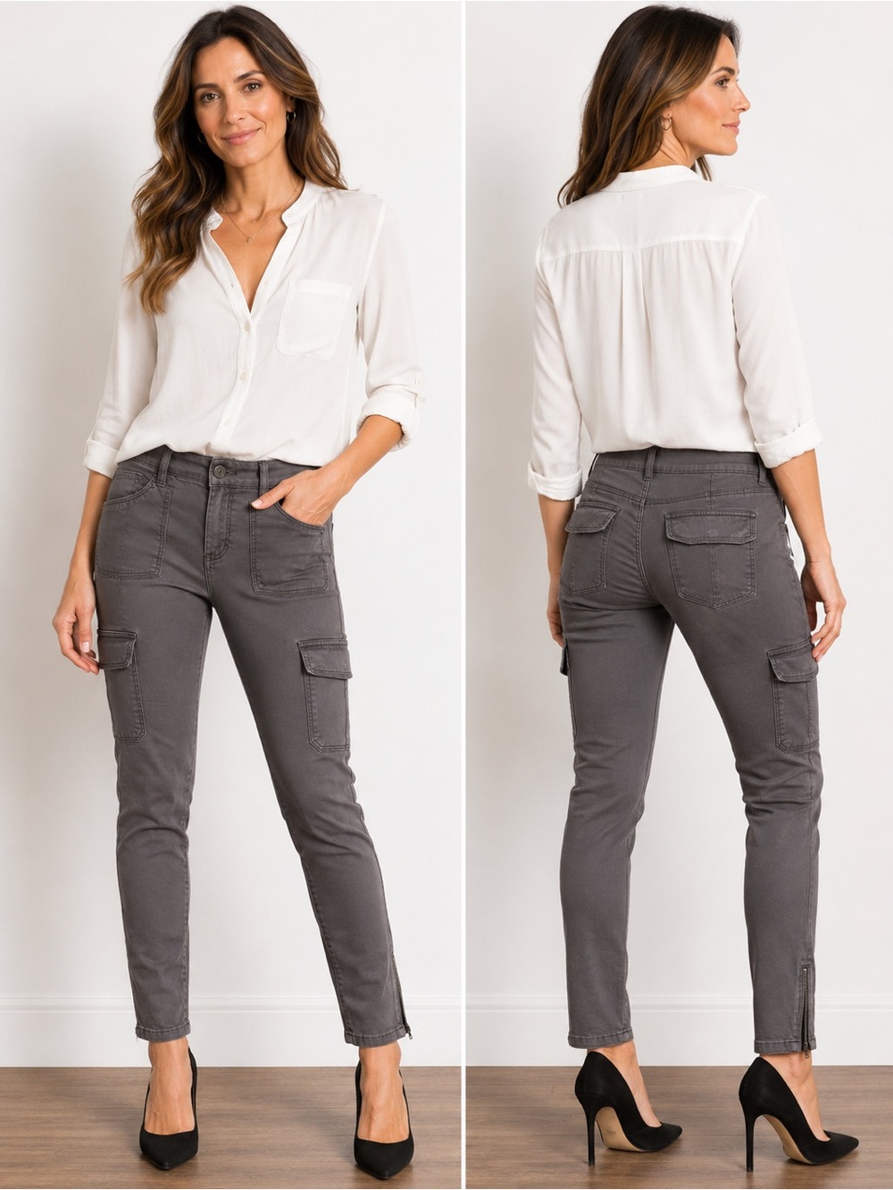 WHBM Cargo Pants Size 8R Gray Skinny Stretch Leg Pants Ankle Zip